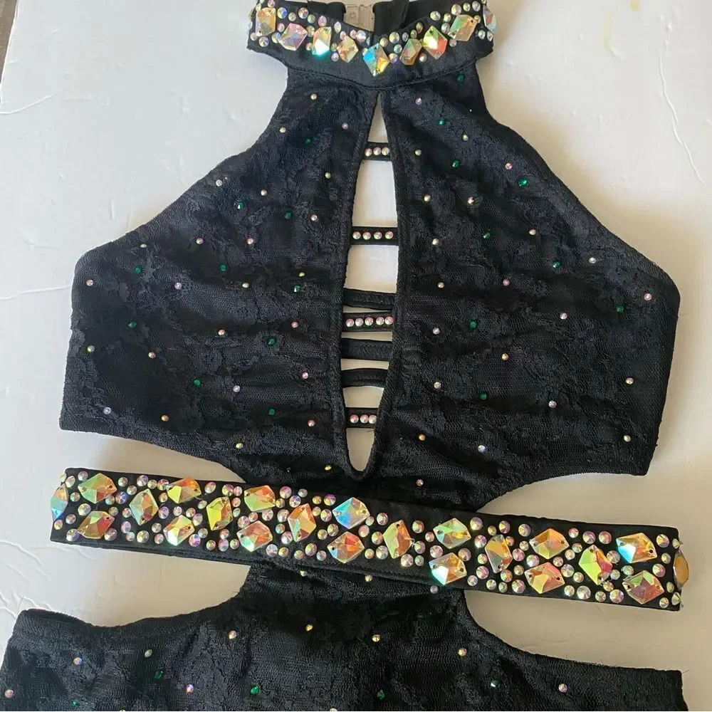 Glamour solo custom dance costume black leotard illusion MA-Medium adult